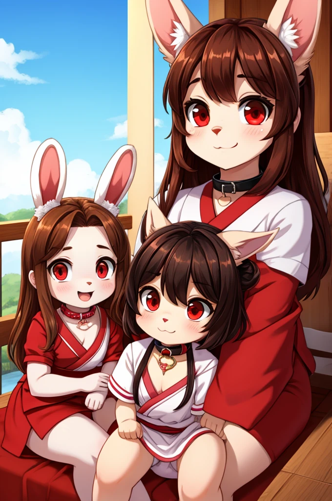 young furry cute little bunny girl with long messy brown hair, RED eyes, wearing a black and red Japanese , wearing a pink pet collar, family friendly
