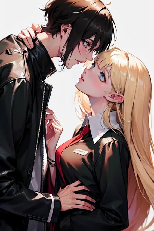 (tall man,(man is taller than me woman) messy black-haired man wearing a , is a student, with his hands in his pockets.),(a thin woman, long blonde hair, woman has green eyes, cheerleader) best quality, adorable, ultra-detailed, illustration, complex, detailed, extremely detailed, detailed face, soft light, soft focus, perfect face. In love, illustration. two people, couple: make them into a comic strip looking at a robot