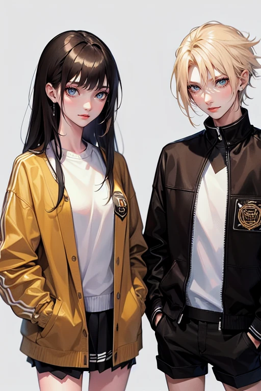 (tall man,(man is taller than me woman) messy black-haired man wearing a , is a student, with his hands in his pockets.),(a thin woman, long blonde hair, woman has green eyes, cheerleader) best quality, adorable, ultra-detailed, illustration, complex, detailed, extremely detailed, detailed face, soft light, soft focus, perfect face. In love, illustration. two people, couple: make them into a comic strip looking at a robot