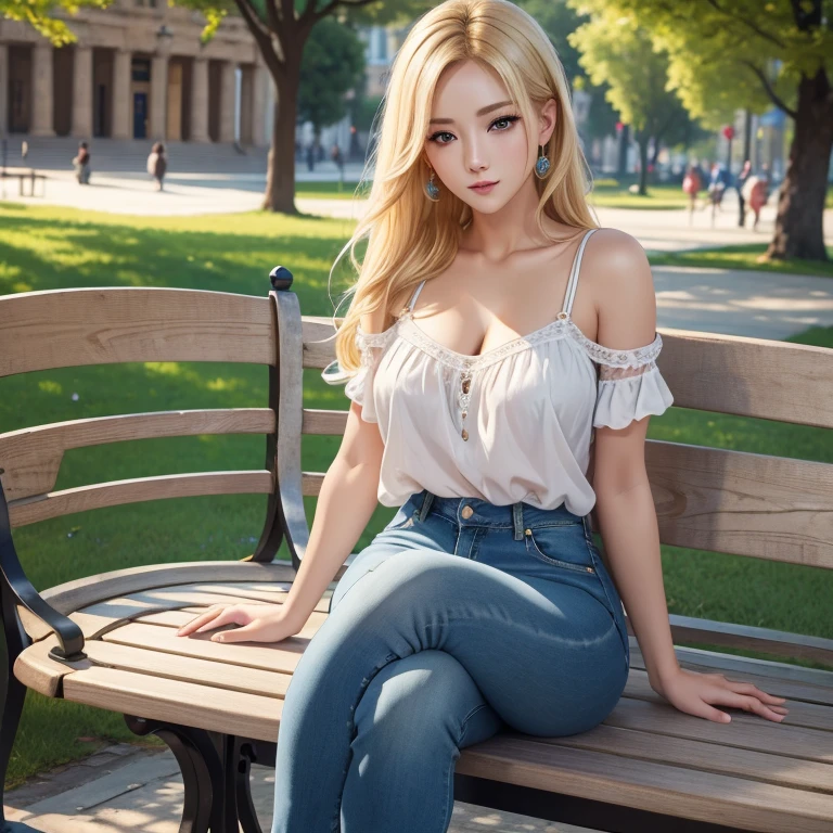 (Meilleure qualité,4k,8k,haute résolution,chef-d&#39;œuvre:1.2),extrêmement détaillé, femme grecque blonde assise sur un banc de parc, Yangmi, promouvoir, perméance, yeux bleus, jeans, Femmes&#39;chemises, rapport sur le développement humain, 8k, absurde, Cinéstill 800, concentration claire