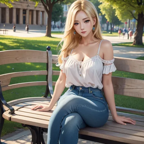 (best quality,4K,8K,high resolution,masterpiece:1.2),Extremely detailed, Blonde Greek woman sitting on a park bench, yangmi, pro...