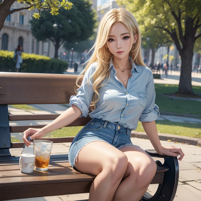 (Meilleure qualité,4k,8k,haute résolution,chef-d&#39;œuvre:1.2),extrêmement détaillé, femme grecque blonde assise sur un banc de parc, Yangmi, promouvoir, perméance, yeux bleus, jeans, Femmes&#39;chemises, rapport sur le développement humain, 8k, absurde, Cinéstill 800, concentration claire