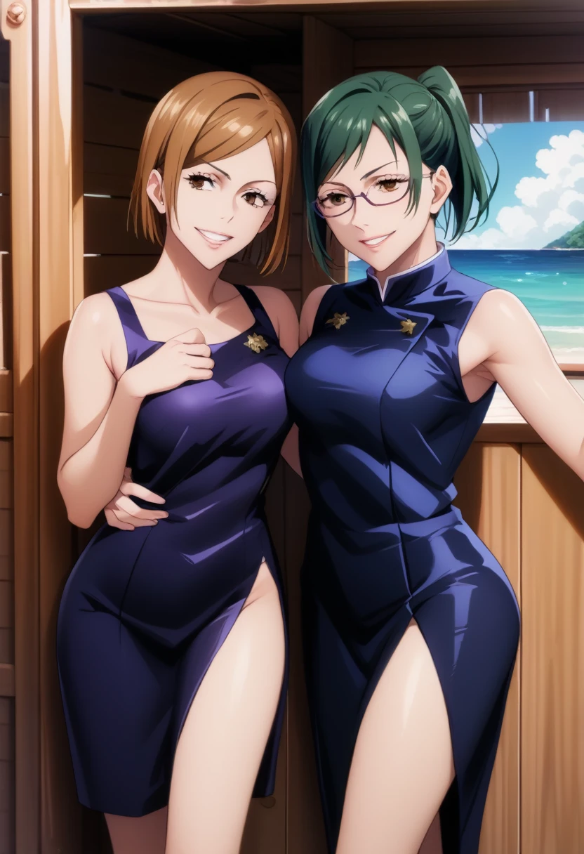 score_9_up, score_8_up, score_7_up, 2girls, mature females, (((Nobara Kugisaki and Maki Zenin))),(((First girl is Nobara has short brown bob hair, brown eyes, blue tight uniform with skirt))), (((Second girl is Maki has green ponytail hair, glasses, yellow eyes, blue tight uniform with tight skirt))), naughty smiles, they are looking at viewer,((yacht cabin)), day time, standing tall in seductive poses