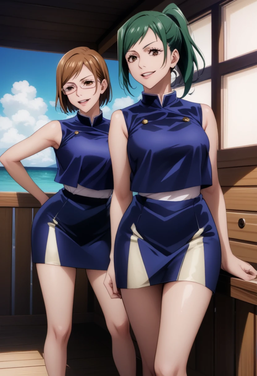 score_9_up, score_8_up, score_7_up, 2girls, mature females, (((Nobara Kugisaki and Maki Zenin))),(((First girl is Nobara has short brown bob hair, brown eyes, blue tight uniform with skirt))), (((Second girl is Maki has green ponytail hair, glasses, yellow eyes, blue tight uniform with tight skirt))), naughty smiles, they are looking at viewer,((yacht cabin)), day time, standing tall in seductive poses