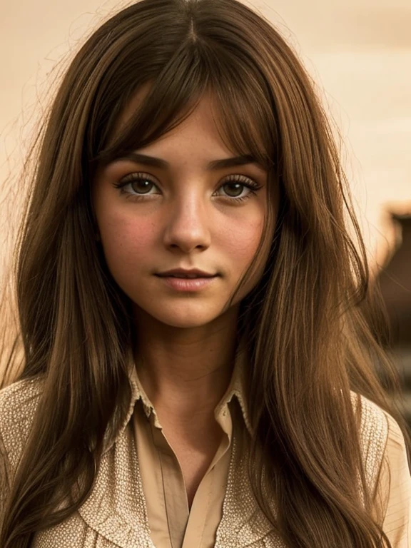 ((Photo sépia rétro)), devant:1.5, flou et flou, sépia décoloré:1.2, (portrait d'une belle fille de 12 ans), Фото devant, cheveux longs, Yeux clairs, je regarde le spectateur, porter un chemisier sans col, photo artistique à couper le souffle: 1.2, portrait, Évoquant un sentiment de beauté