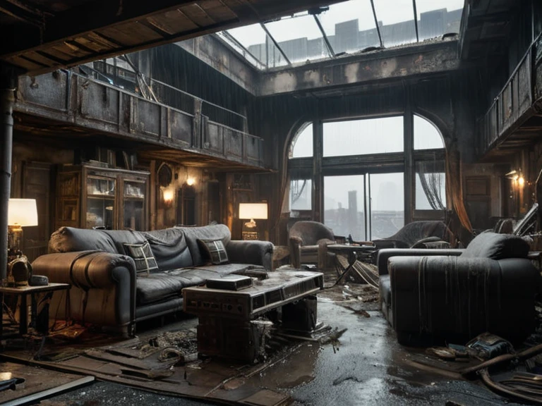 Street Scene (post-apocalyptic:1.3) living room. noon, rain.
(complex sharp parts:1.5), Ultra high resolution