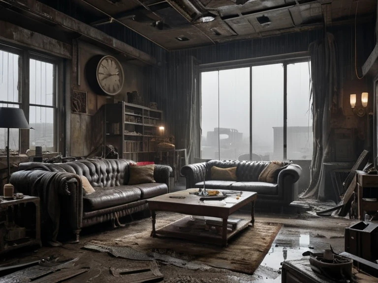 Street Scene (post-apocalyptic:1.3) living room. noon, rain.
(complex sharp parts:1.5), Ultra high resolution