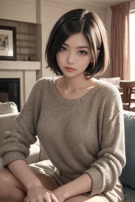 short hair beautiful woman ,living room