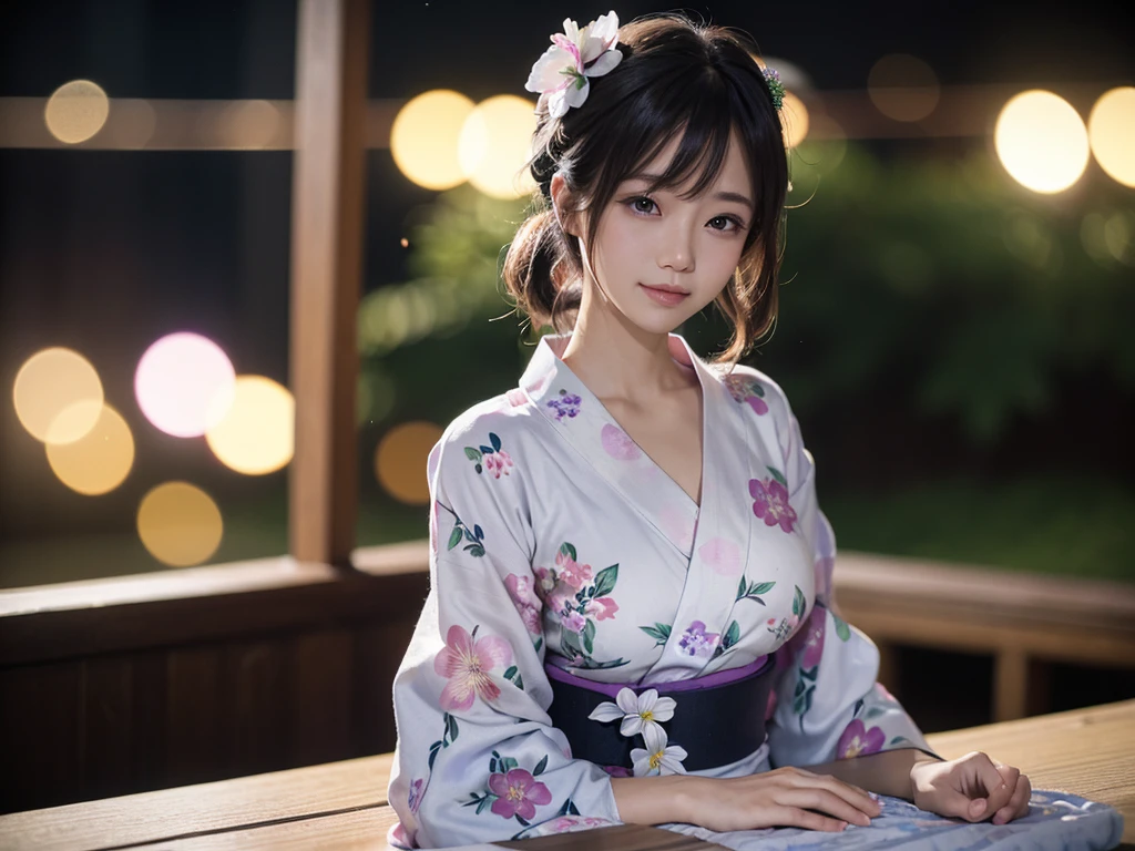 (Tabletop, Highest quality:1.4), ,The most beautiful in the world, 8K, 85mm, Absurd, (Floral Yukata:1.4), Upper body, Exposing the breasts、 Violet, Gardenias, Delicate girl, alone, night, View your viewers, Upper Body, Film Grain, chromatic aberration, Sharp focus, Face Light, Professional Lighting, Sophisticated, (smile:0.4), Cleavage, (Simple Background, Bokeh Background:1.2),