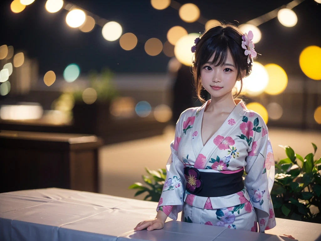 (Tabletop, Highest quality:1.4), ,The most beautiful in the world, 8K, 85mm, Absurd, (Floral Yukata:1.4), Upper body, Exposing the breasts、 Violet, Gardenias, Delicate girl, alone, night, View your viewers, Upper Body, Film Grain, chromatic aberration, Sharp focus, Face Light, Professional Lighting, Sophisticated, (smile:0.4), Cleavage, (Simple Background, Bokeh Background:1.2),