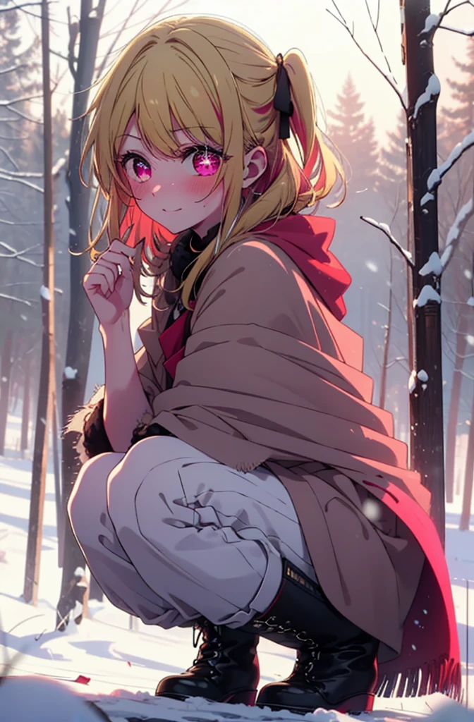 rubyhoshino, Hoshino Ruby, Long Hair, bangs, blonde, (Pink Eyes:1.3), Side Lock, (Symbol-shaped pupil:1.5), Multicolored Hair, Two-tone hair, smile,,smile,blush,White Breath,
Open your mouth,snow,Ground bonfire, Outdoor, boots, snowing, From the side, wood, suitcase, Cape, Blurred, , forest, White handbag, nature,  Squat, Mouth closed, Cape, winter, Written boundary depth, Black shoes, red Cape break looking at viewer, Upper Body, whole body, break Outdoor, forest, nature, break (masterpiece:1.2), Highest quality, High resolution, unity 8k wallpaper, (shape:0.8), (Beautiful and beautiful eyes:1.6), Highly detailed face, Perfect lighting, Extremely detailed CG, (Perfect hands, Perfect Anatomy),