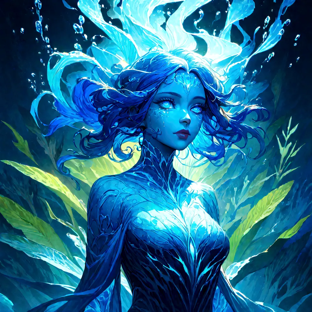 a genasi made of water, woman with water-like skin and flowing blue hair, beautiful detailed eyes, beautiful detailed lips, extr...