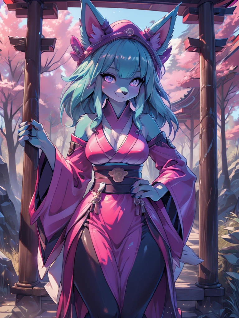 Miku Hatsune x vixen high definition good anatomy agregar_detalle:1, pelaje azul,Orejas de Kitsune, tribal tattoo agregar_detalle:1, cute girl agregar_detalle:1, feudal priestess clothing agregar_detalle:1, japanese shrine landscape agregar_detalle:1, japanese shrine costume agregar_detalle:1, agregar_detalle:1, fullbody  descalza agregar_detalle, highly detalleed face, deep aqua iris agregar_detalle:1 lighting eyes agregar_detalle:3, garras de lobo, sharp fangs agregar_detalle:1, wild slut agregar_detalle:1, aura of resplendent light agregar_detalle:3,  sakuras landscape agregar_detalle:1