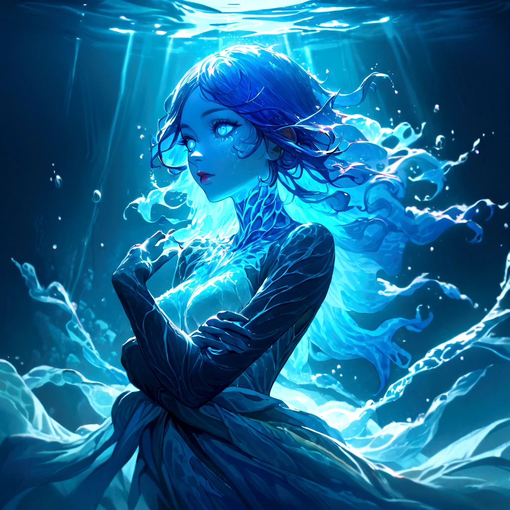 a genasi made of water, woman with water-like skin and flowing blue hair, beautiful detailed eyes, beautiful detailed lips, extremely detailed face, long eyelashes, graceful pose, underwater scene, glowing bioluminescent plants, ethereal lighting, cinematic, dramatic, vibrant colors, fantasy, digital painting, 8k, hyper detailed, masterpiece