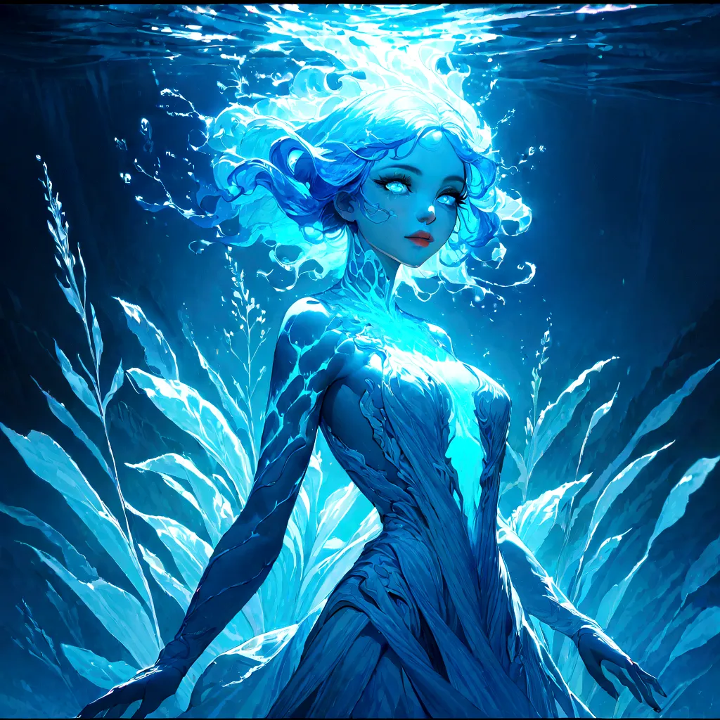 a genasi made of water, woman with water-like skin and flowing blue hair, beautiful detailed eyes, beautiful detailed lips, extr...