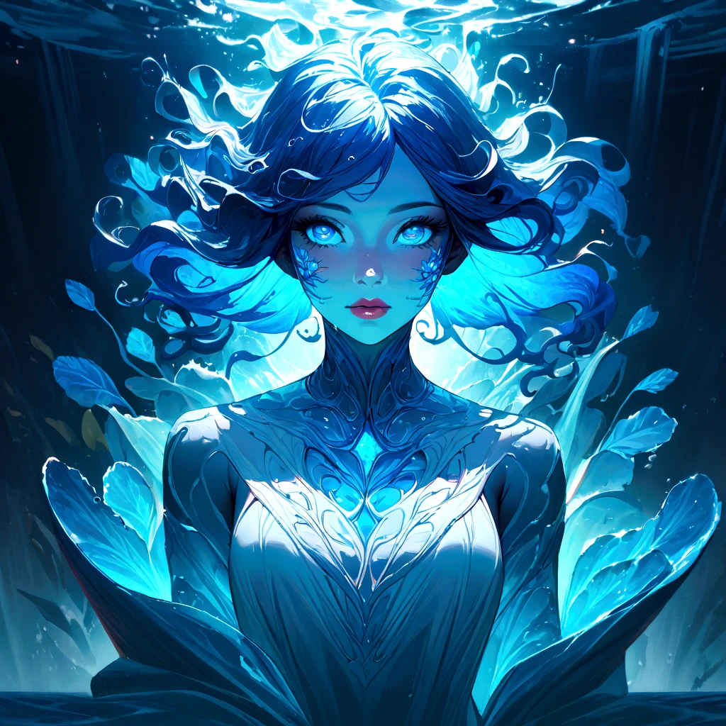 a genasi made of water, woman with water-like skin and flowing blue hair, beautiful detailed eyes, beautiful detailed lips, extremely detailed face, long eyelashes, graceful pose, underwater scene, glowing bioluminescent plants, ethereal lighting, cinematic, dramatic, vibrant colors, fantasy, digital painting, 8k, hyper detailed, masterpiece