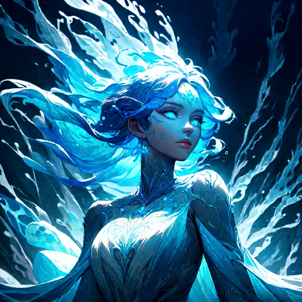 a genasi made of water, woman with water-like skin and flowing blue hair, beautiful detailed eyes, beautiful detailed lips, extr...