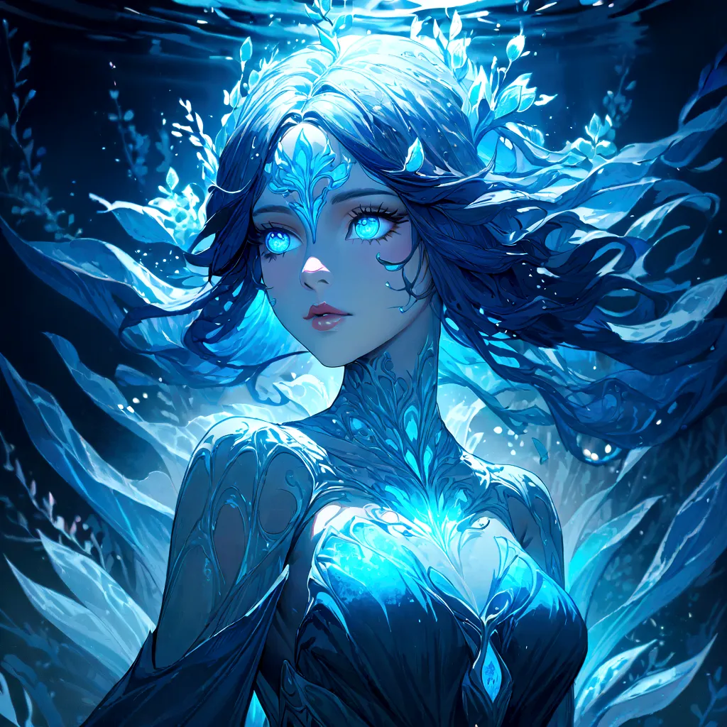 a genasi made of water, woman with water-like skin and flowing blue hair, beautiful detailed eyes, beautiful detailed lips, extr...