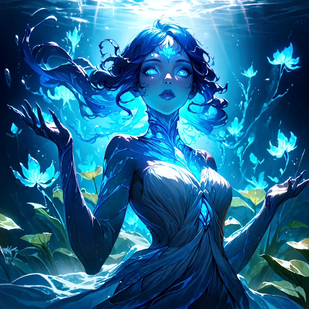 a genasi made of water, woman with water-like skin and flowing blue hair, beautiful detailed eyes, beautiful detailed lips, extr...