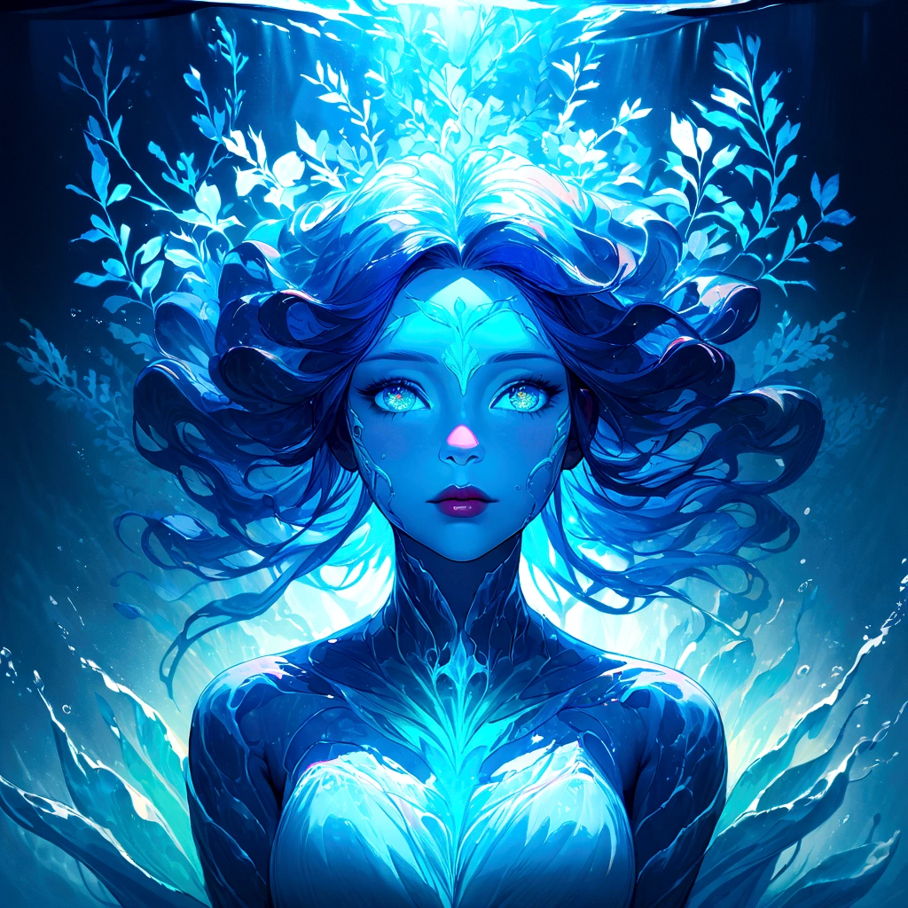 a genasi made of water, woman with water-like skin and flowing blue hair, beautiful detailed eyes, beautiful detailed lips, extremely detailed face, long eyelashes, graceful pose, underwater scene, glowing bioluminescent plants, ethereal lighting, cinematic, dramatic, vibrant colors, fantasy, digital painting, 8k, hyper detailed, masterpiece