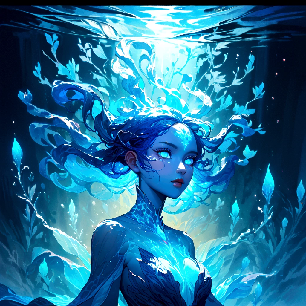 a genasi made of water, woman with water-like skin and flowing blue hair, beautiful detailed eyes, beautiful detailed lips, extremely detailed face, long eyelashes, graceful pose, underwater scene, glowing bioluminescent plants, ethereal lighting, cinematic, dramatic, vibrant colors, fantasy, digital painting, 8k, hyper detailed, masterpiece