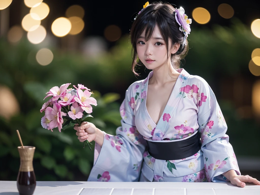 (Tabletop, Highest quality:1.4), ,The most beautiful in the world, 8K, 85mm, Absurd, (Floral Yukata:1.4), Upper body, Exposing the breasts、 Violet, Gardenias, Delicate girl, alone, night, View your viewers, Upper Body, Film Grain, chromatic aberration, Sharp focus, Face Light, Professional Lighting, Sophisticated, (smile:0.4), Cleavage, (Simple Background, Bokeh Background:1.2),