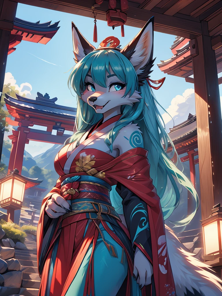 Miku Hatsune x vixen high definition good anatomy add_detail:1, blue fur,kitsune ears, tribal tattoo add_detail:1, cute girl add_detail:1, feudal priestess clothing add_detail:1, japanese shrine landscape add_detail:1, japanese shrine costume add_detail:1, add_detail:1, fullbody  descalza add_detail, highly detailed face, deep aqua iris add_detail:1 lighting eyes add_detail:3, wolf claws, sharp fangs add_detail:1, wild slut add_detail:1, aura of resplendent light add_detail:3,  sakuras landscape add_detail:1