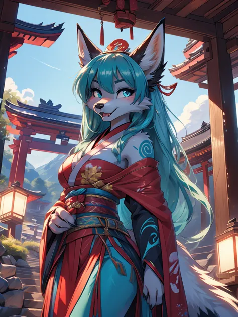 Miku Hatsune x vixen high definition good anatomy add_detail:1, blue fur,kitsune ears, tribal tattoo add_detail:1, cute girl add...