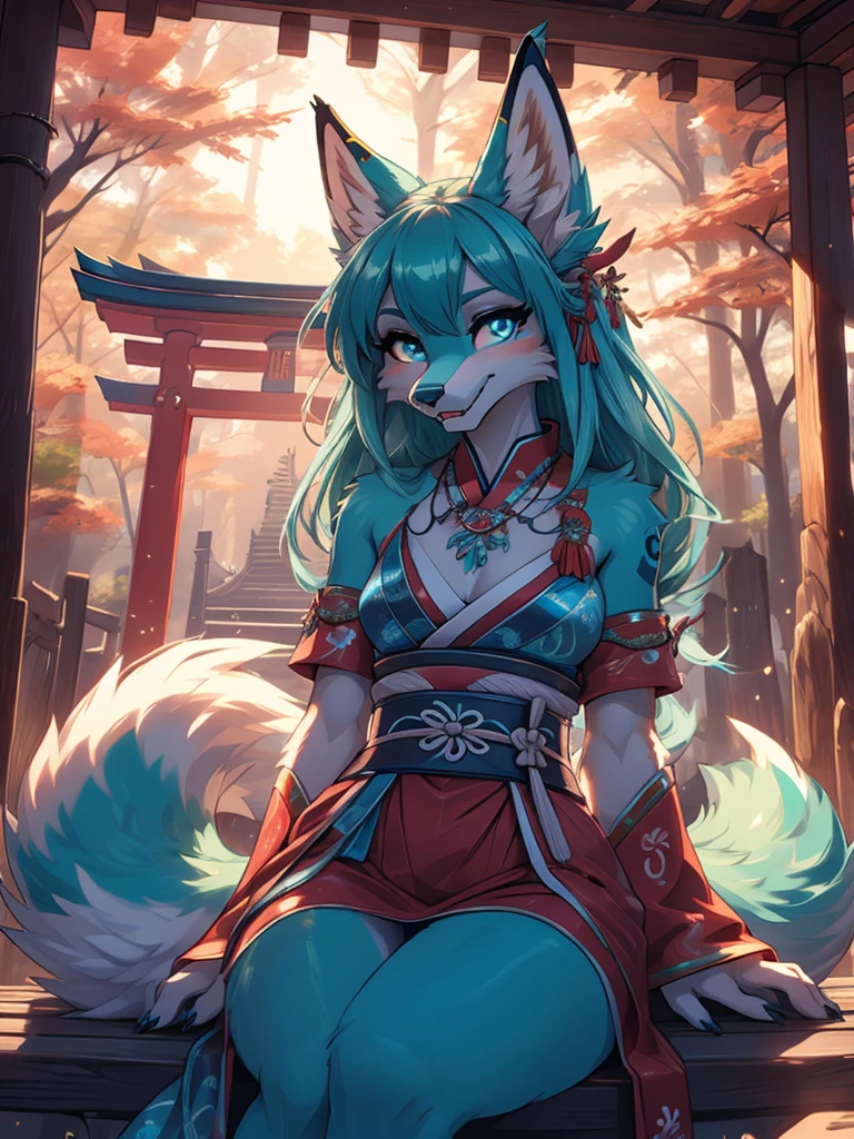 Miku Hatsune x vixen high definition good anatomy 添加_細節:1, 藍色毛皮,狐耳, tribal tattoo 添加_細節:1, cute girl 添加_細節:1, feudal priestess clothing 添加_細節:1, japanese shrine landscape 添加_細節:1, japanese shrine costume 添加_細節:1, 添加_細節:1, fullbody  descalza 添加_細節, highly 細節ed face, deep aqua iris 添加_細節:1 lighting eyes 添加_細節:3, 狼爪, sharp fangs 添加_細節:1, wild slut 添加_細節:1, aura of resplendent light 添加_細節:3,  sakuras landscape 添加_細節:1