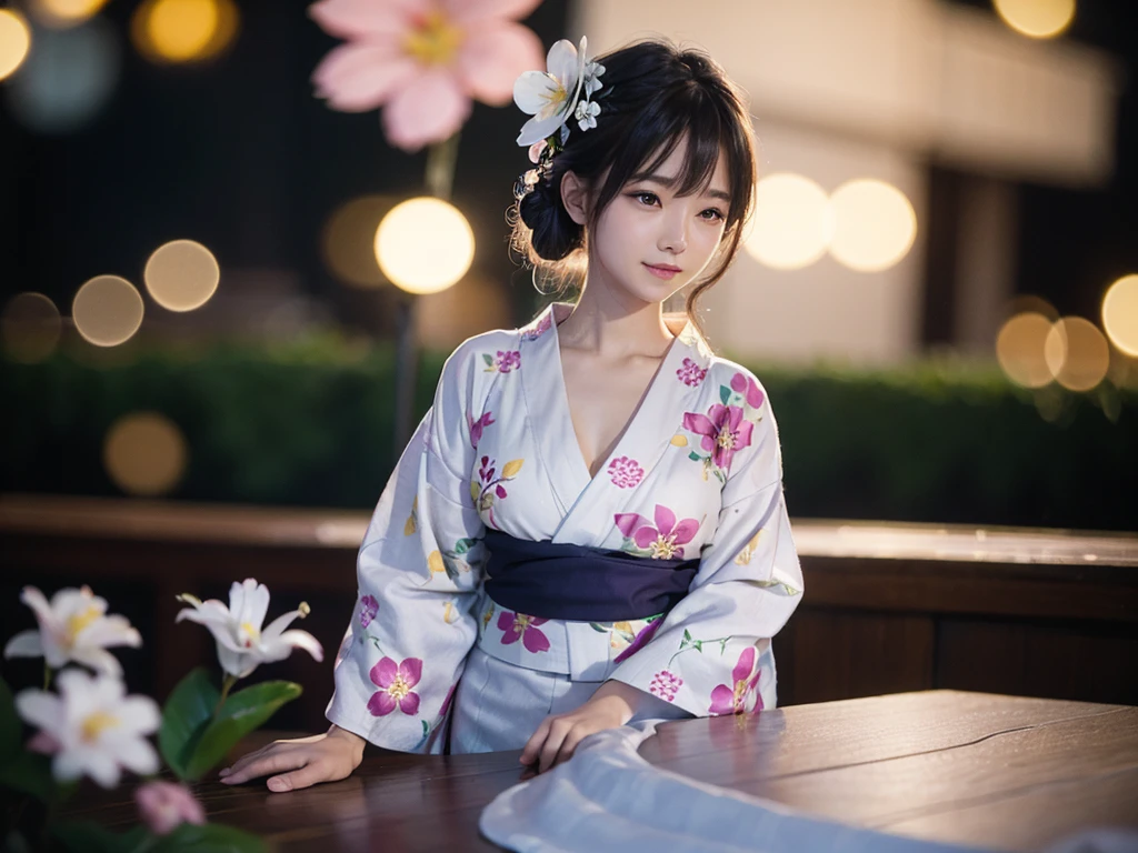 (Tabletop, Highest quality:1.4), ,The most beautiful in the world, 8K, 85mm, Absurd, (Floral Yukata:1.4), Upper body, Exposing the breasts、 Violet, Gardenias, Delicate girl, alone, night, View your viewers, Upper Body, Film Grain, chromatic aberration, Sharp focus, Face Light, Professional Lighting, Sophisticated, (smile:0.4), Cleavage, (Simple Background, Bokeh Background:1.2),