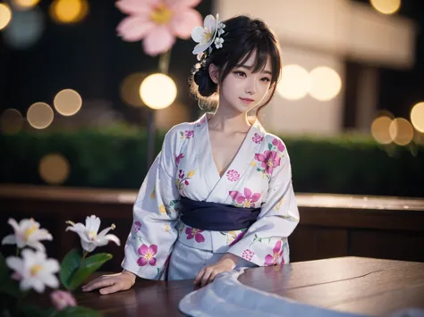 (Tabletop, Highest quality:1.4), ,The most beautiful in the world, 8K, 85mm, Absurd, (Floral Yukata:1.4), Upper body, Exposing t...