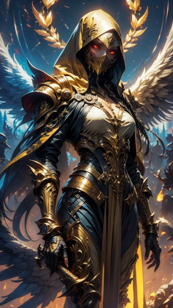 Golden armored angel, wings made of energy, metallic halo, with no face, hooded, gold, fancy, conceptual artwork, ultra realistic, Character art by Greg Rutkowski