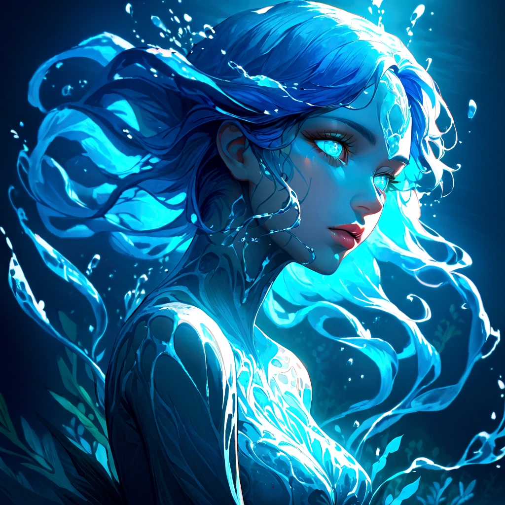 a genasi made of water, woman with water-like skin and flowing blue hair, beautiful detailed eyes, beautiful detailed lips, extremely detailed face, long eyelashes, graceful pose, underwater scene, glowing bioluminescent plants, ethereal lighting, cinematic, dramatic, vibrant colors, fantasy, digital painting, 8k, hyper detailed, masterpiece