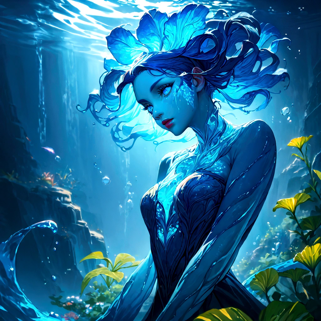 a genasi made of water, woman with water-like skin and flowing blue hair, beautiful detailed eyes, beautiful detailed lips, extremely detailed face, long eyelashes, graceful pose, underwater scene, glowing bioluminescent plants, ethereal lighting, cinematic, dramatic, vibrant colors, fantasy, digital painting, 8k, hyper detailed, masterpiece