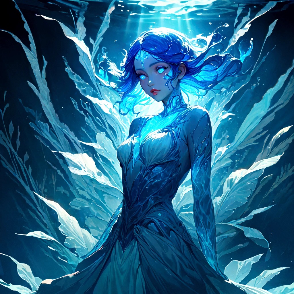 a genasi made of water, woman with water-like skin and flowing blue hair, beautiful detailed eyes, beautiful detailed lips, extremely detailed face, long eyelashes, graceful pose, underwater scene, glowing bioluminescent plants, ethereal lighting, cinematic, dramatic, vibrant colors, fantasy, digital painting, 8k, hyper detailed, masterpiece