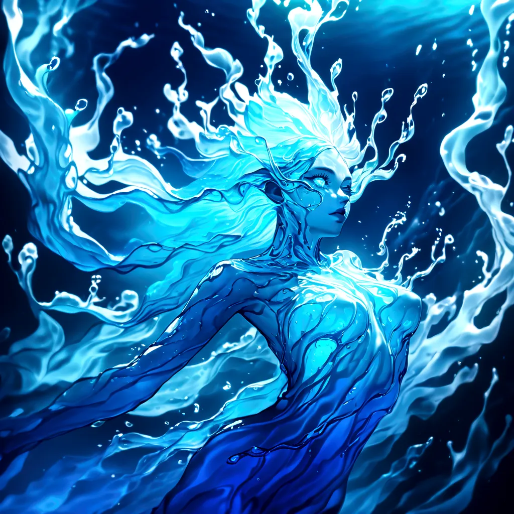 a genasi made of water, woman with water-like skin and flowing blue hair, beautiful detailed eyes, beautiful detailed lips, extr...
