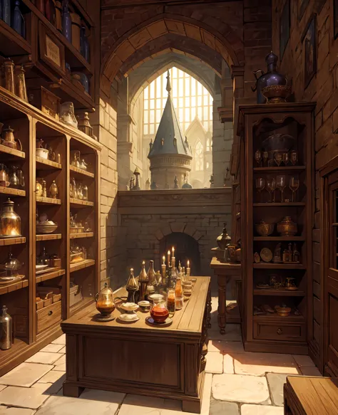 historical setting magic store inside, front view, harry potter, DIAGON ALLEY, showcase, textured, maximum detail, peltate plate...
