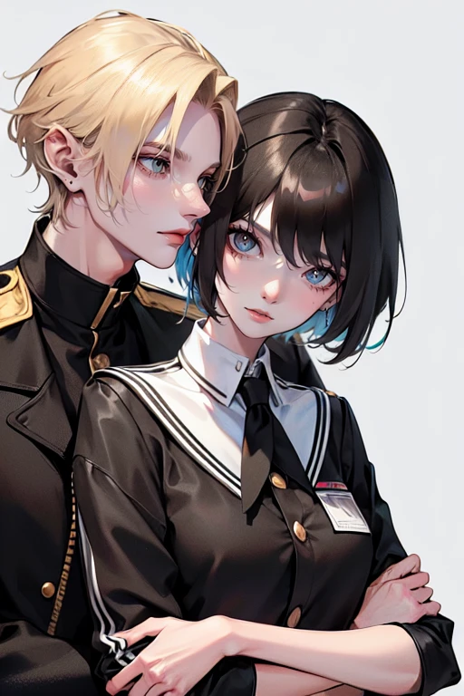 (tall man,(man is taller than me woman) messy black-haired man wearing a uniform , is a student, with his hands in his pockets.),(a thin woman, long blonde hair, woman has green eyes, cheerleader) best quality, adorable, ultra-detailed, illustration, complex, detailed, extremely detailed, detailed face, soft light, soft focus, perfect face. In love, illustration. two people, couple: make the couple into a comic strip. They are talking about a mechanics. 