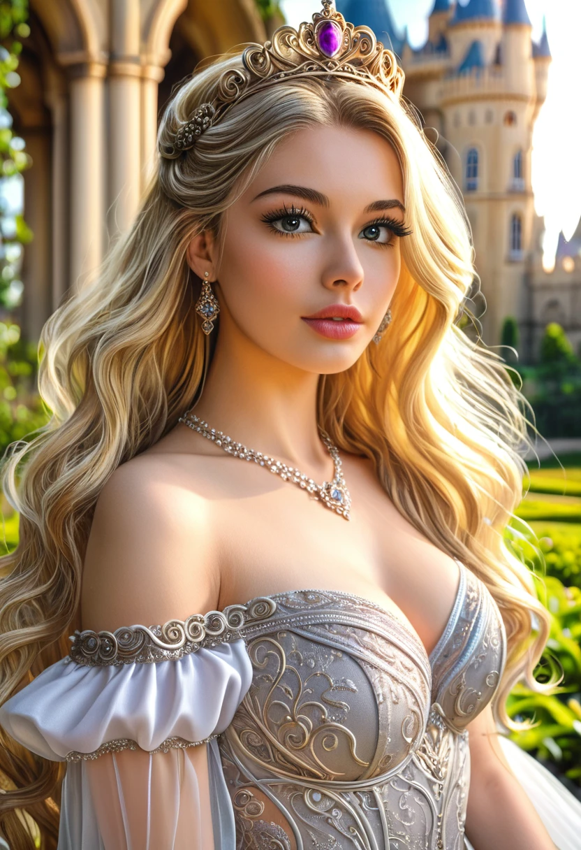 cinderella,1girl,beautiful detailed eyes,beautiful detailed lips,extremely detailed face,long eyelashes,flowing blonde hair,ornate crown,elegant royal dress,intricate embroidery,castle courtyard,lush garden,sunlight streaming in,dramatic lighting,photorealistic,8k,highres,detailed,fantasy