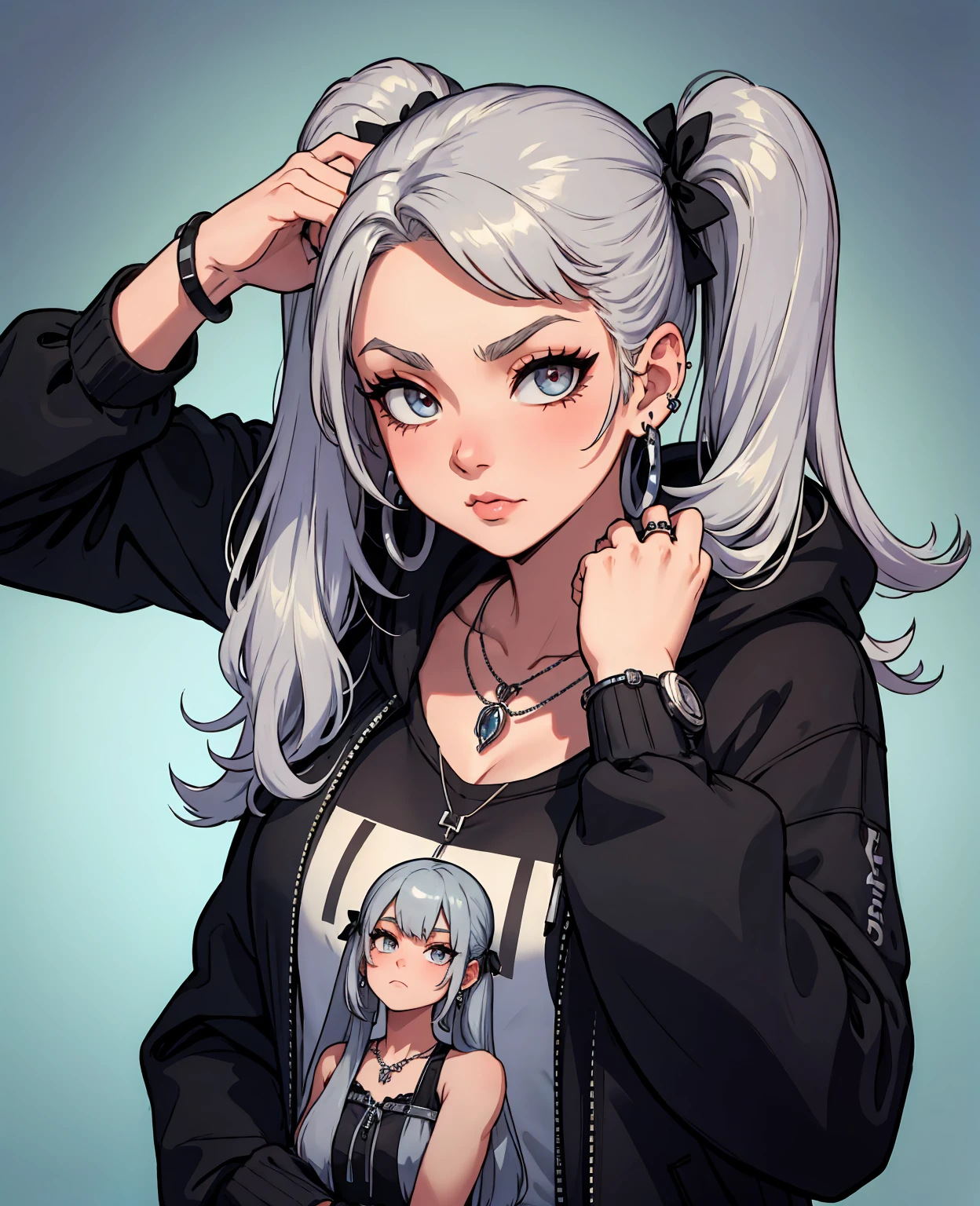 , Colossal, Twin Tails, Silver Hair, Hoodie, Vintage Gothic, Pose, Cute, Face Up, High Quality, Necklace, Ring, Bracelet, Earrings