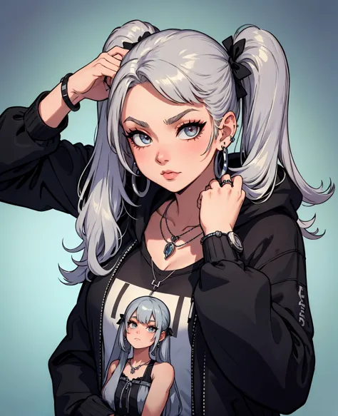 , Colossal, Twin Tails, Silver Hair, Hoodie, Vintage Gothic, Pose, Cute, Face Up, High Quality, Necklace, Ring, Bracelet, Earrin...