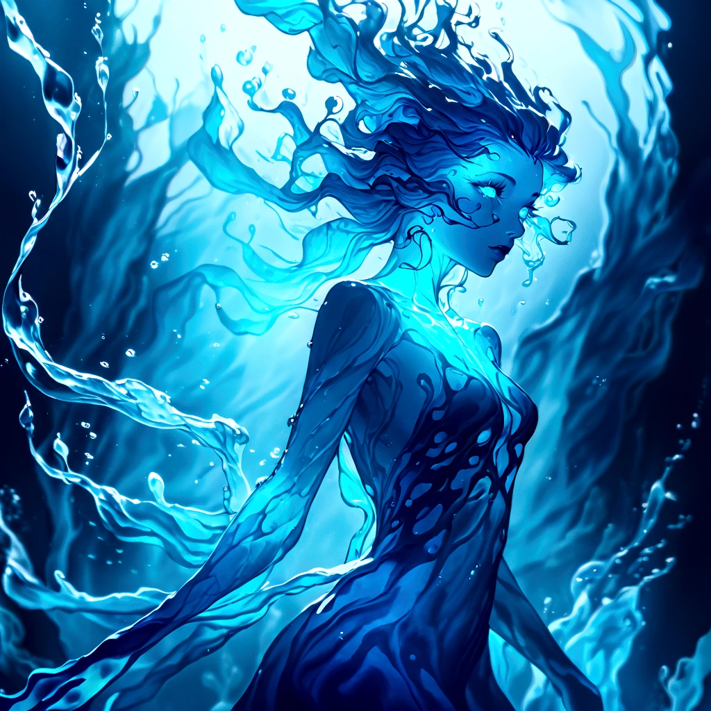 a genasi made of water, woman with water-like skin and flowing blue hair, beautiful detailed eyes, beautiful detailed lips, extremely detailed face, long eyelashes, graceful pose, underwater scene, glowing bioluminescent plants, ethereal lighting, cinematic, dramatic, vibrant colors, fantasy, digital painting, 8k, hyper detailed, masterpiece