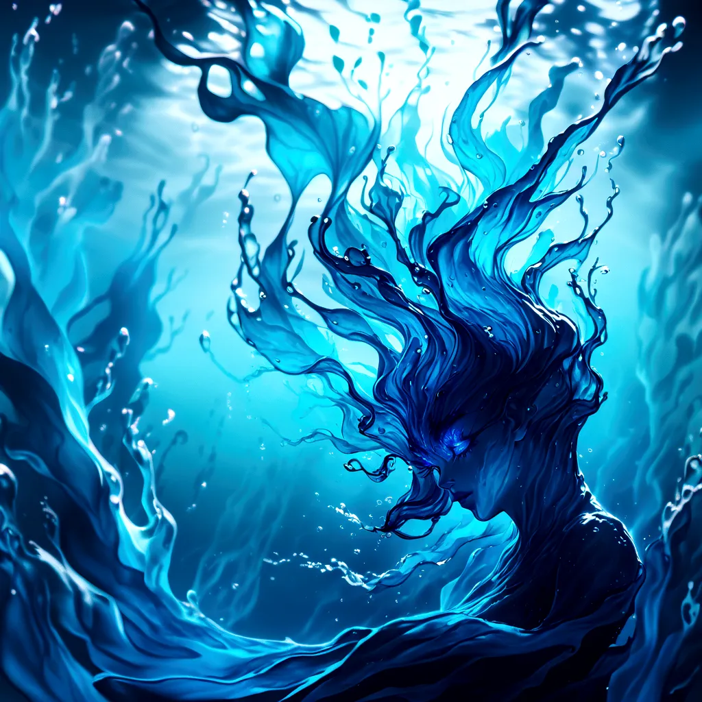 a genasi made of water, woman with water-like skin and flowing blue hair, beautiful detailed eyes, beautiful detailed lips, extr...