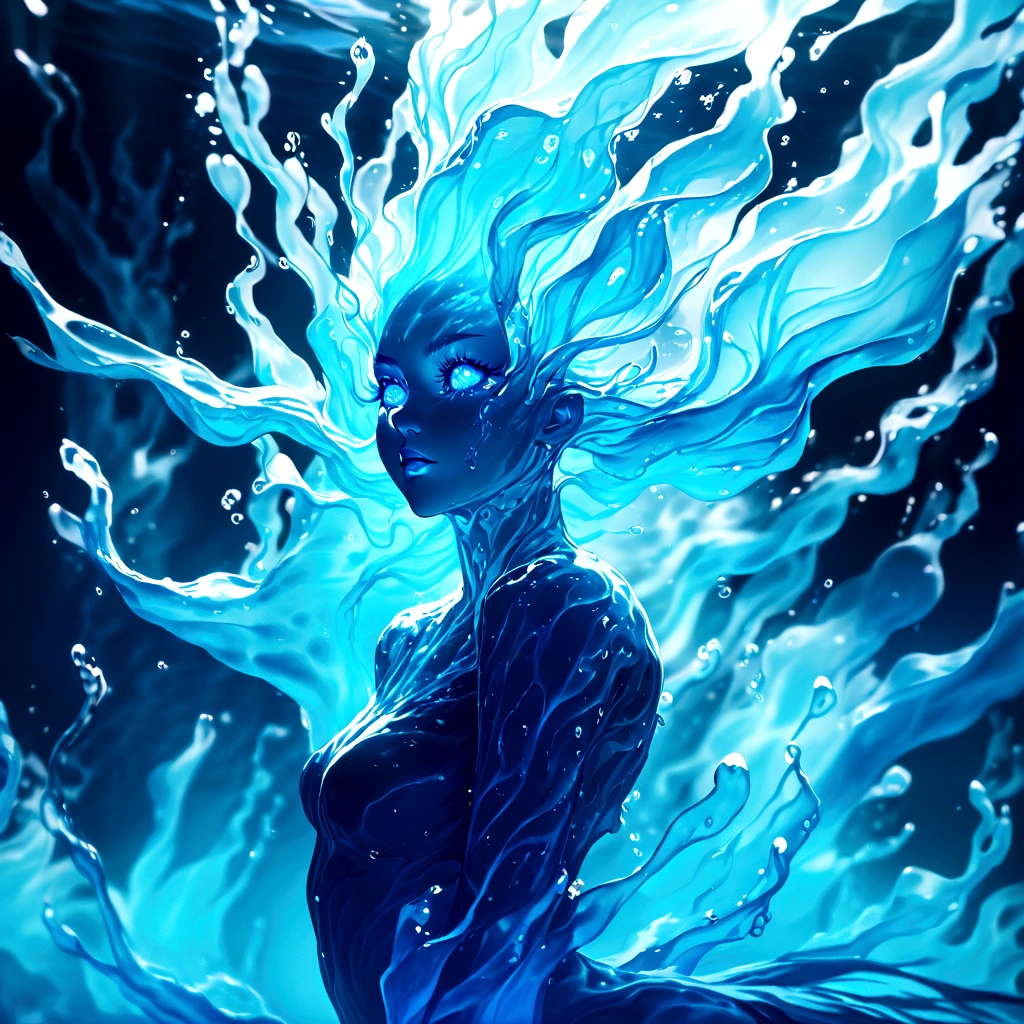 a genasi made of water, woman with water-like skin and flowing blue hair, beautiful detailed eyes, beautiful detailed lips, extremely detailed face, long eyelashes, graceful pose, underwater scene, glowing bioluminescent plants, ethereal lighting, cinematic, dramatic, vibrant colors, fantasy, digital painting, 8k, hyper detailed, masterpiece