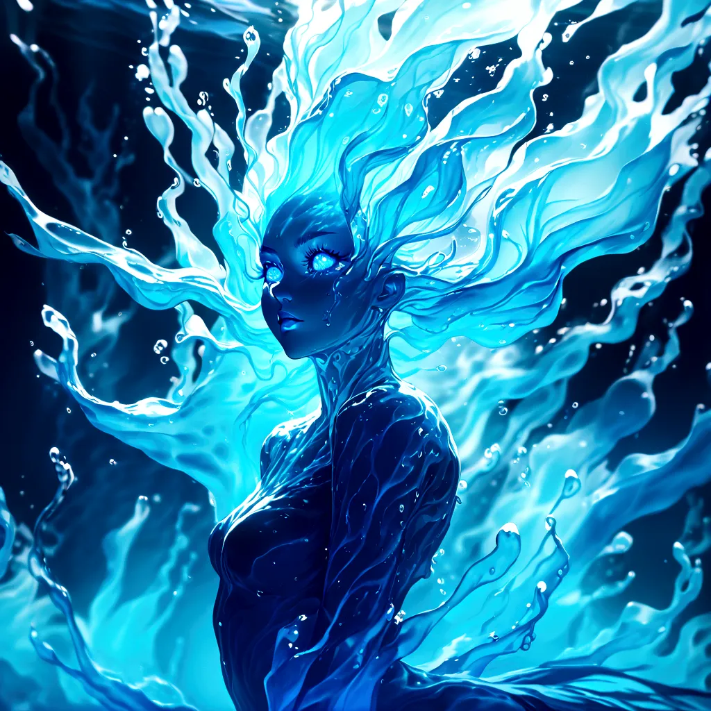 a genasi made of water, woman with water-like skin and flowing blue hair, beautiful detailed eyes, beautiful detailed lips, extr...