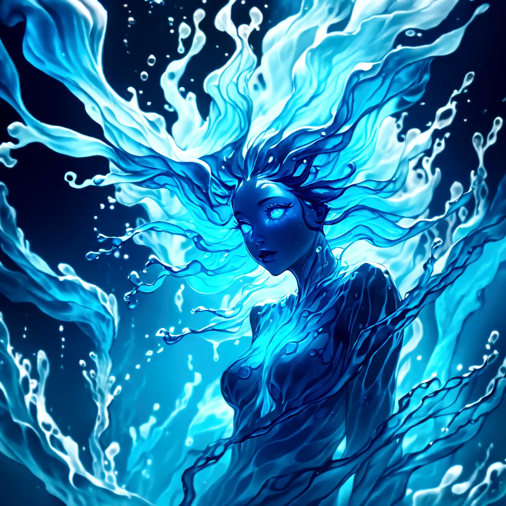 a genasi made of water, woman with water-like skin and flowing blue hair, beautiful detailed eyes, beautiful detailed lips, extr...