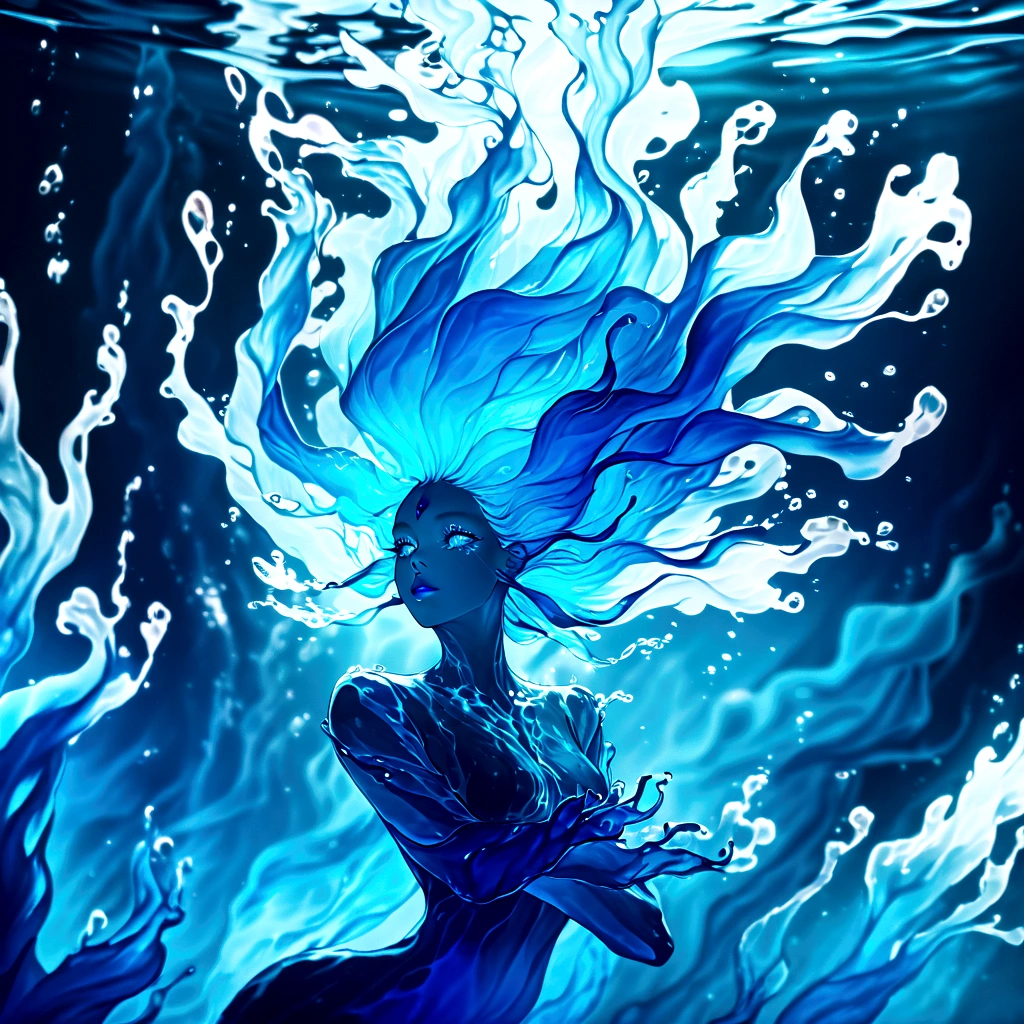 a genasi made of water, woman with water-like skin and flowing blue hair, beautiful detailed eyes, beautiful detailed lips, extremely detailed face, long eyelashes, graceful pose, underwater scene, glowing bioluminescent plants, ethereal lighting, cinematic, dramatic, vibrant colors, fantasy, digital painting, 8k, hyper detailed, masterpiece