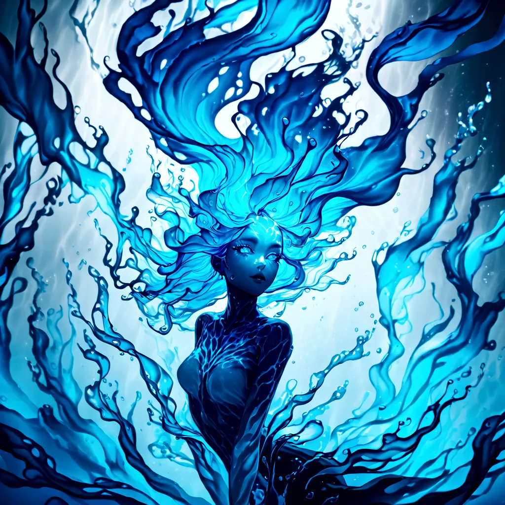 a genasi made of water, woman with water-like skin and flowing blue hair, beautiful detailed eyes, beautiful detailed lips, extr...