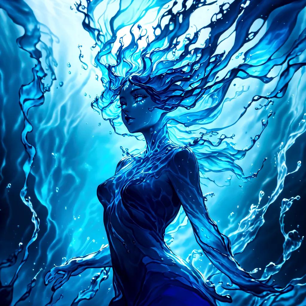 a genasi made of water, woman with water-like skin and flowing blue hair, beautiful detailed eyes, beautiful detailed lips, extr...