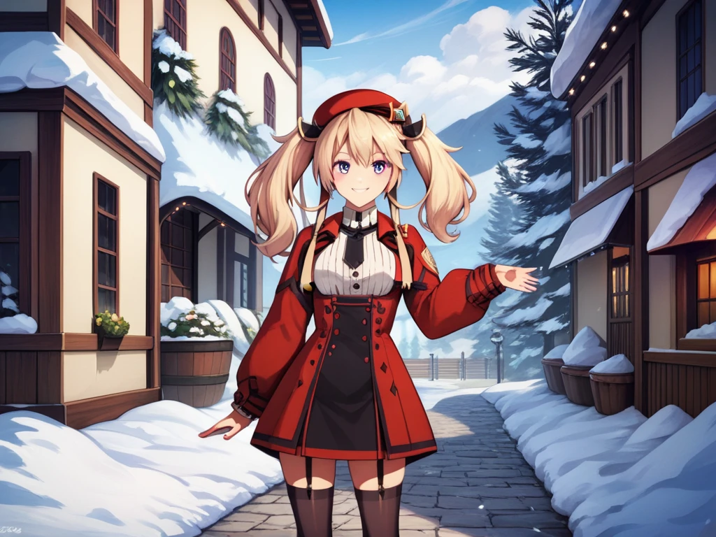 SashaNecron, blonde hair, twintails, solo,  uniform, black thighhighs, garter straps, hair ornament, light smile, purple eyes,short tie, red uniform, long sleeves, score_9,  score_8_up, score_7_up, score_6_up, source_anime, happy,pea coat,beret,fluffy scarf,maxi skirt ,outdoors, winter,snow, Best Quality, High resolution, Extremely detailed, Detailed background, Perfect Lighting